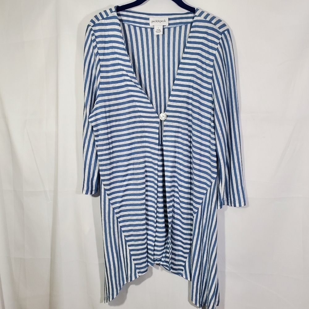 Peck & Peck Duster Cardigan Linen Blend Blue and Gray Size Large